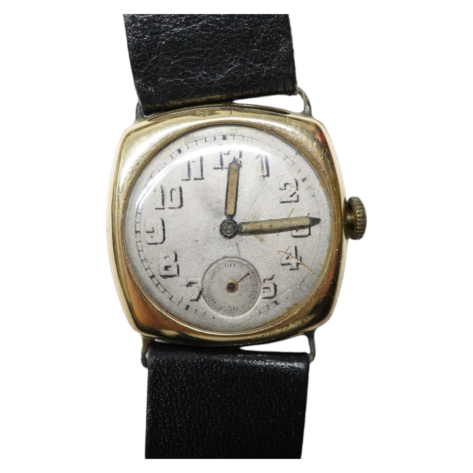 A gentleman's 1920's 14k Longines manual wind wrist watch, with Arabic dial and subsidiary seconds, case diameter 27mm, on associated leather strap, with associated Longines box. Condition - poor